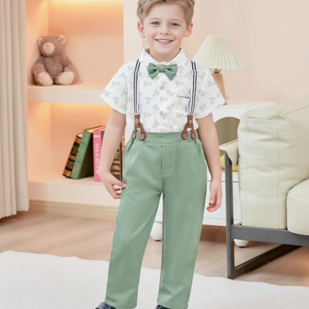 Kids' Green Suspenders with Bow Tie Set